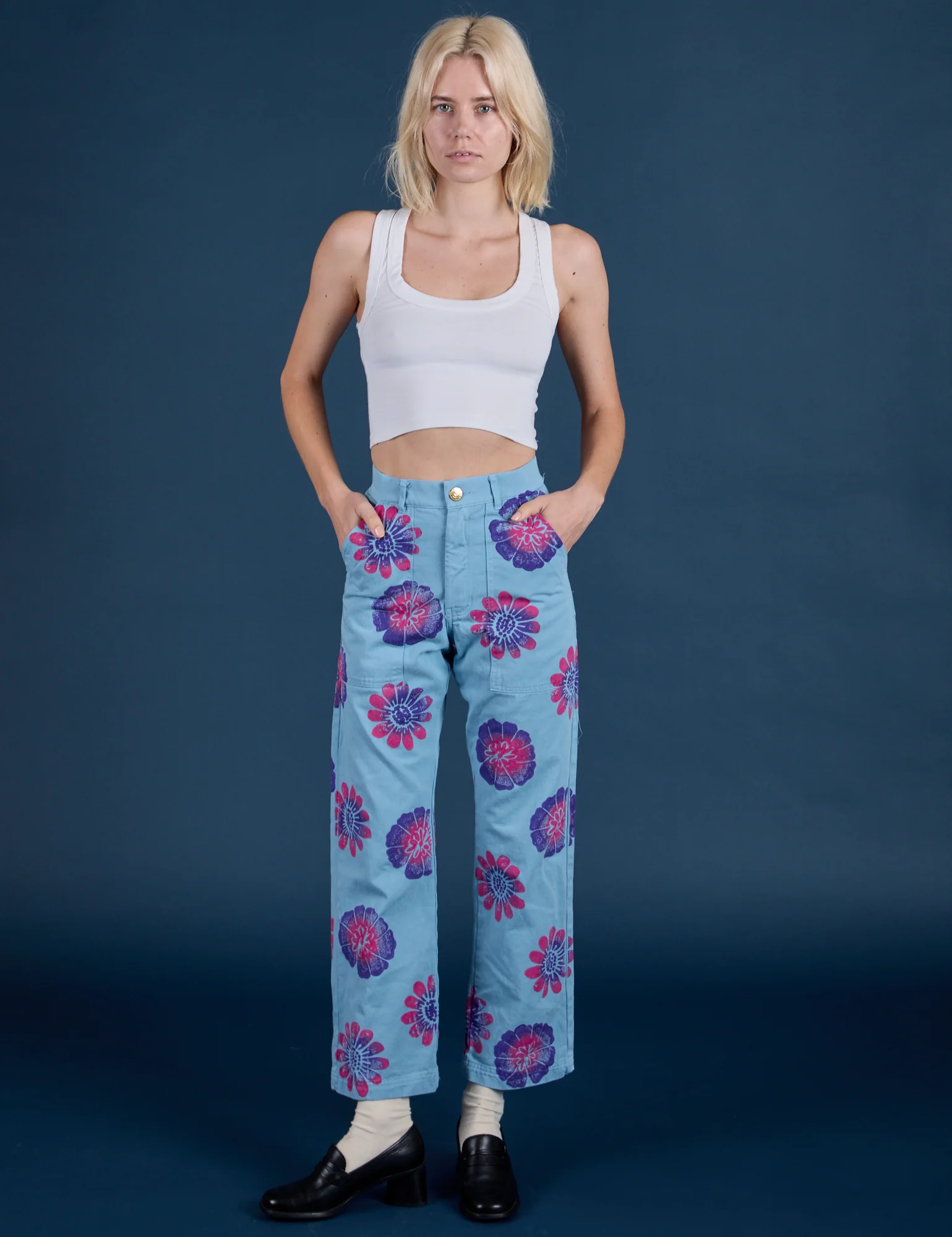 Floral Painted Work Pants -  Blue - Image 10