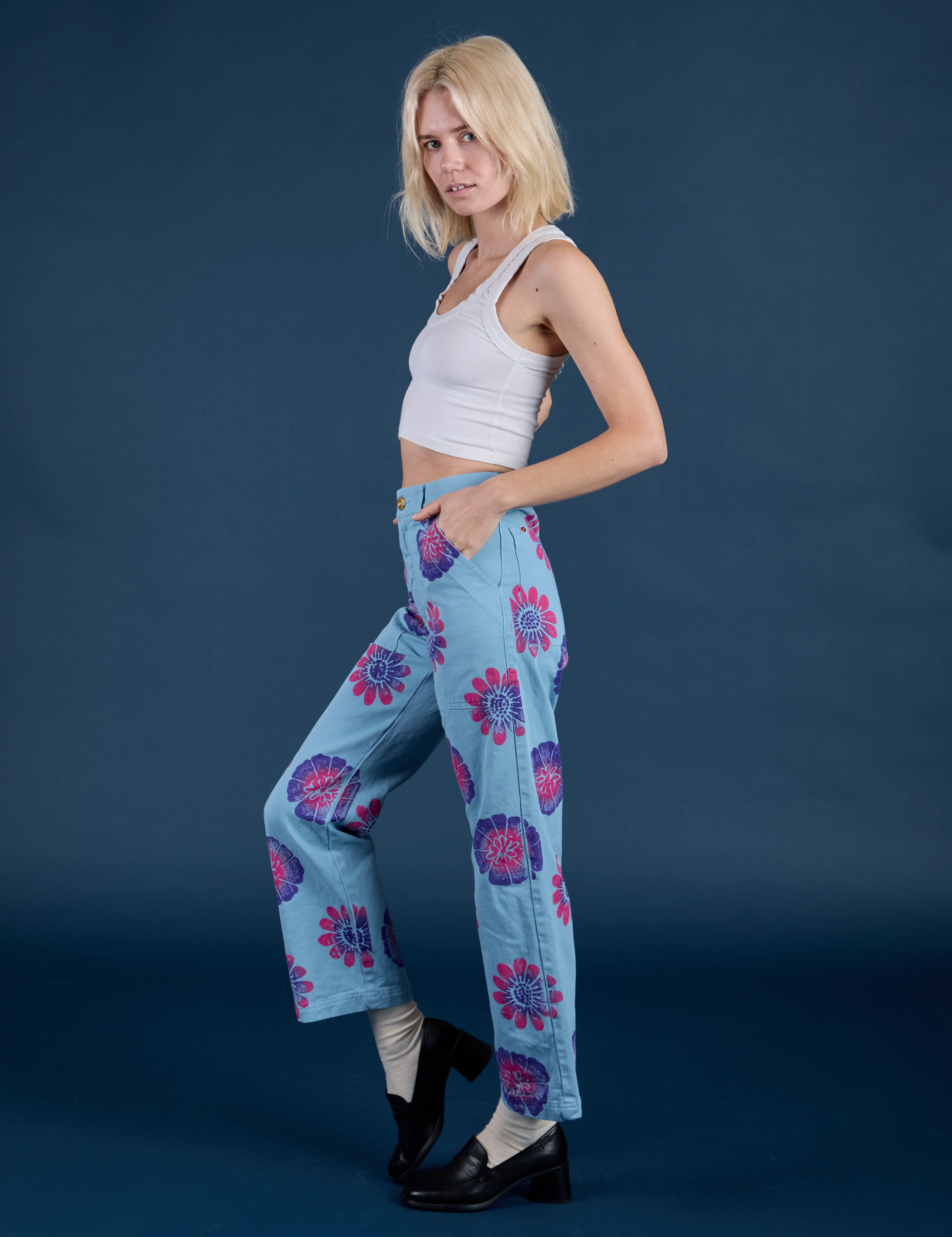 Floral Painted Work Pants -  Blue - Image 13