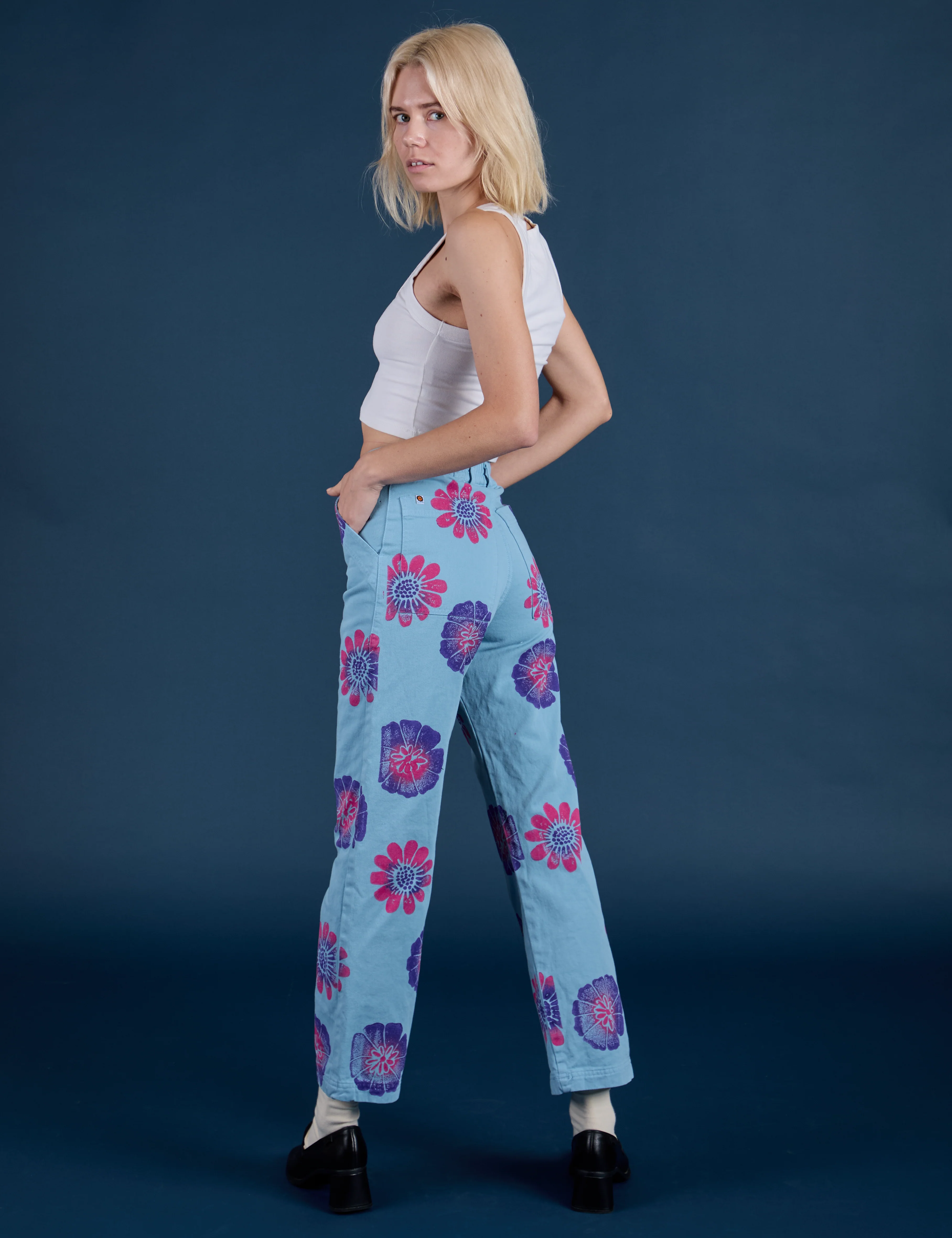 Floral Painted Work Pants -  Blue - Image 14