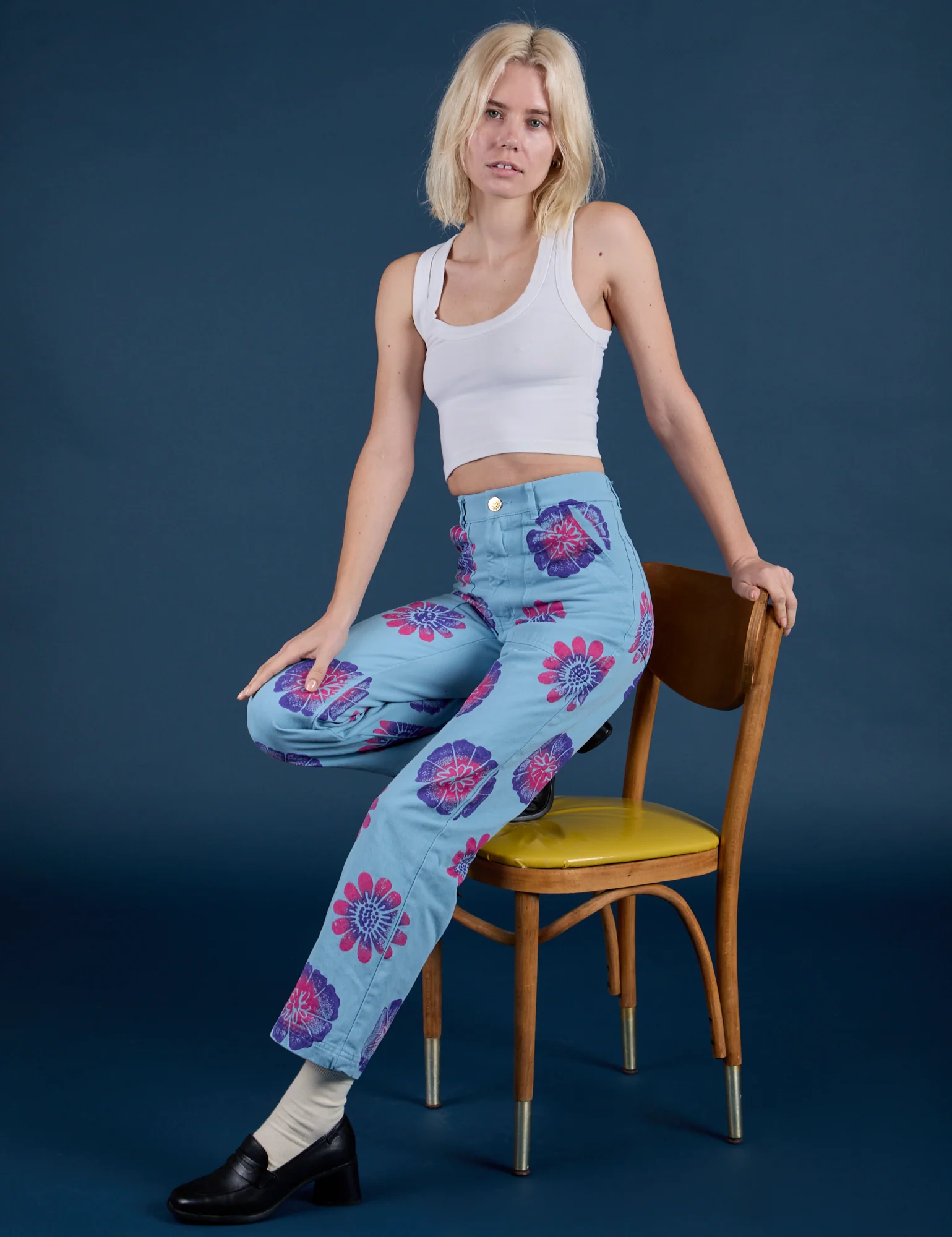 Floral Painted Work Pants -  Blue - Image 17