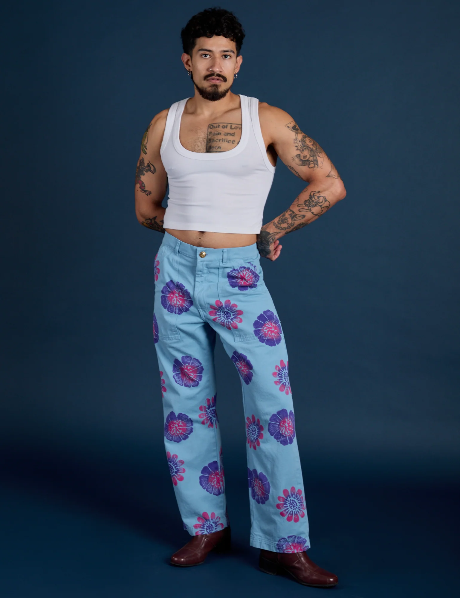 Floral Painted Work Pants -  Blue - Image 18