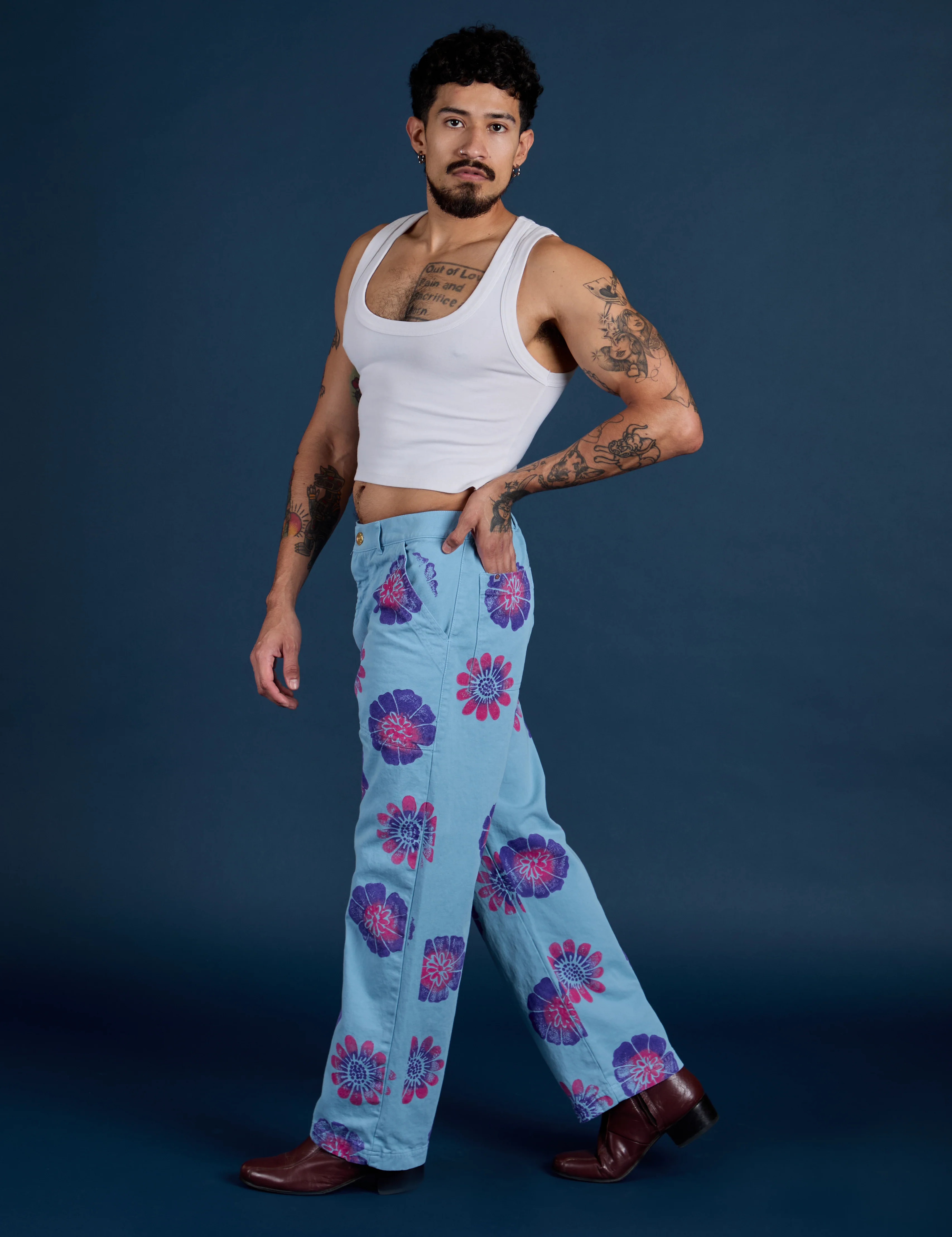 Floral Painted Work Pants -  Blue - Image 19