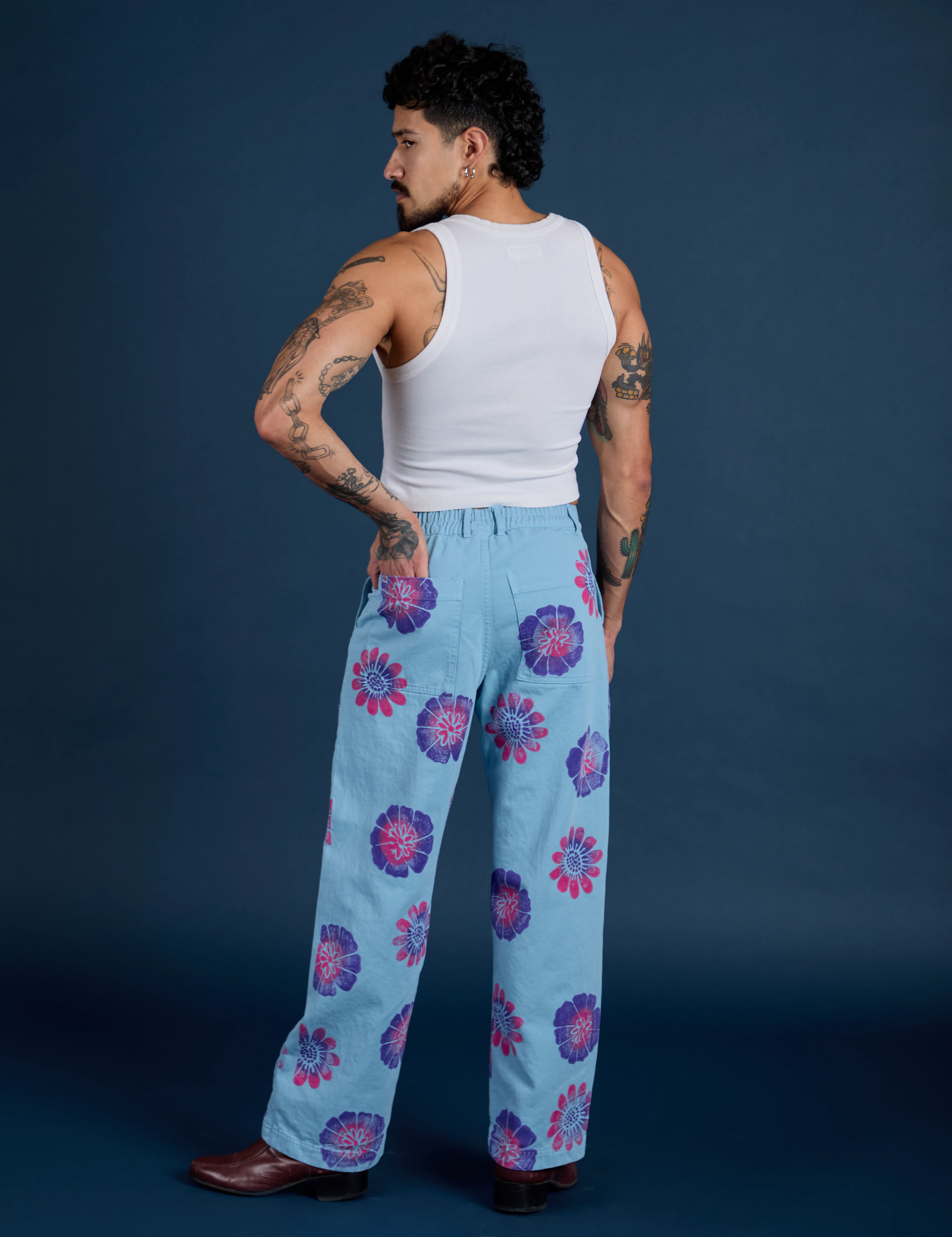 Floral Painted Work Pants -  Blue - Image 20