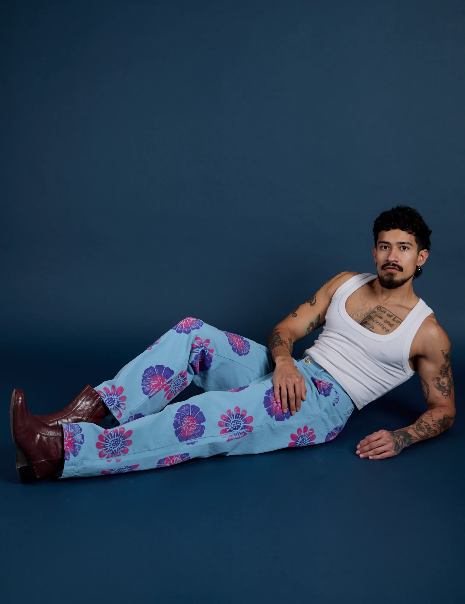 Floral Painted Work Pants -  Blue - Image 22