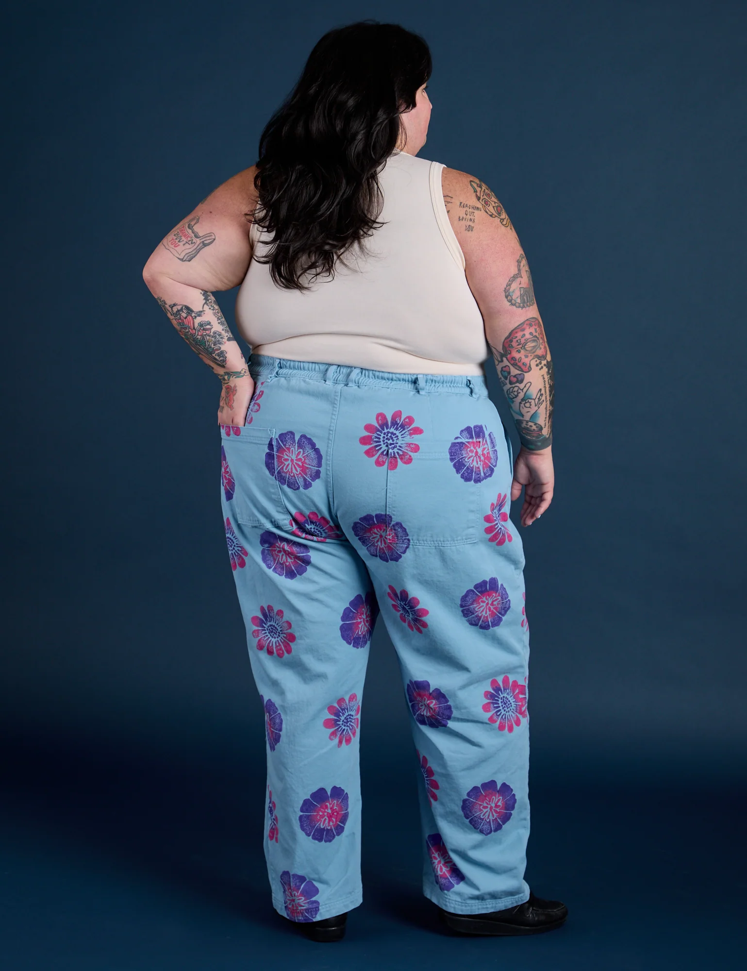 Floral Painted Work Pants -  Blue - Image 6