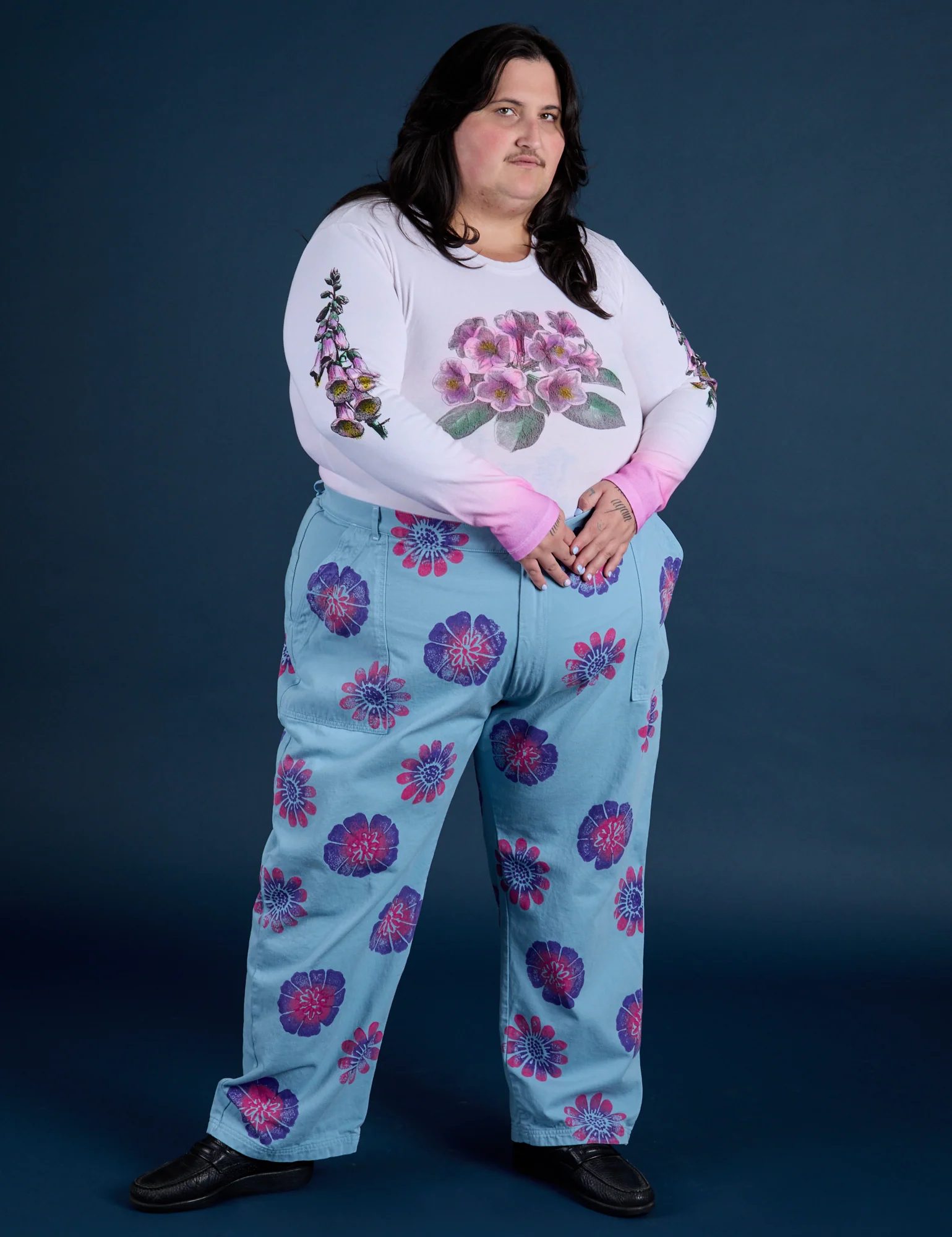 Floral Painted Work Pants -  Blue - Image 8