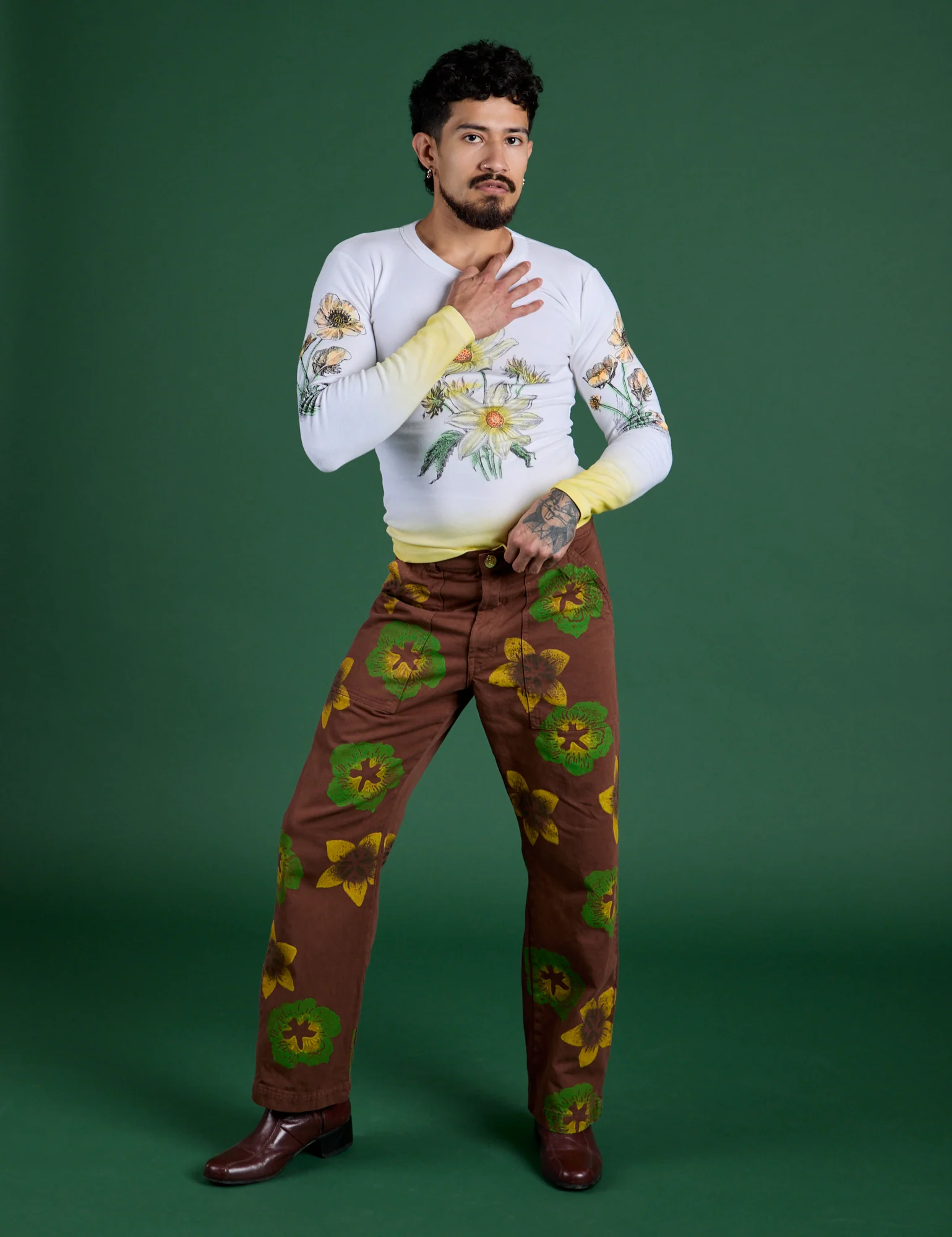 Floral Painted Work Pants -  Brown - Image 10