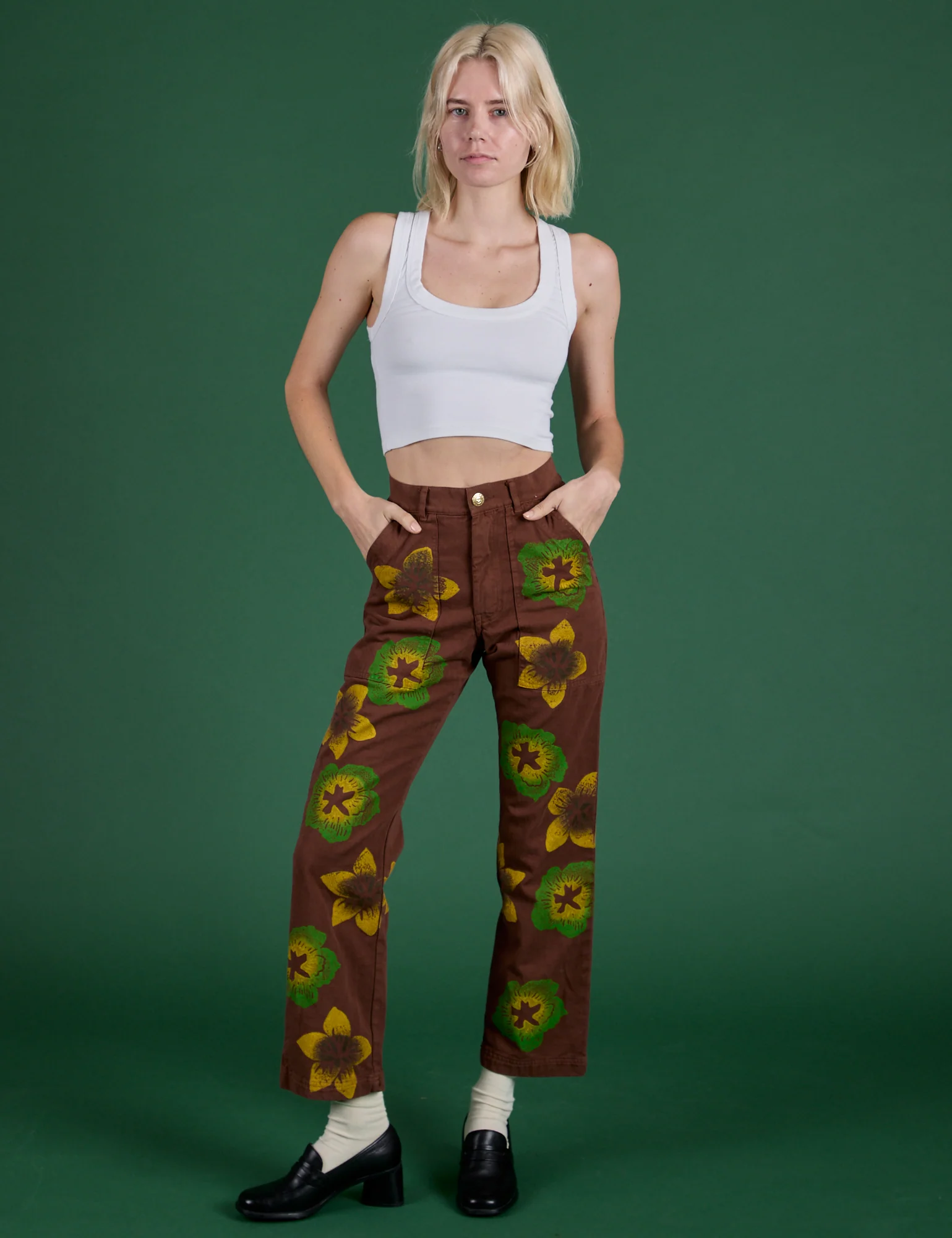 Floral Painted Work Pants -  Brown - Image 12