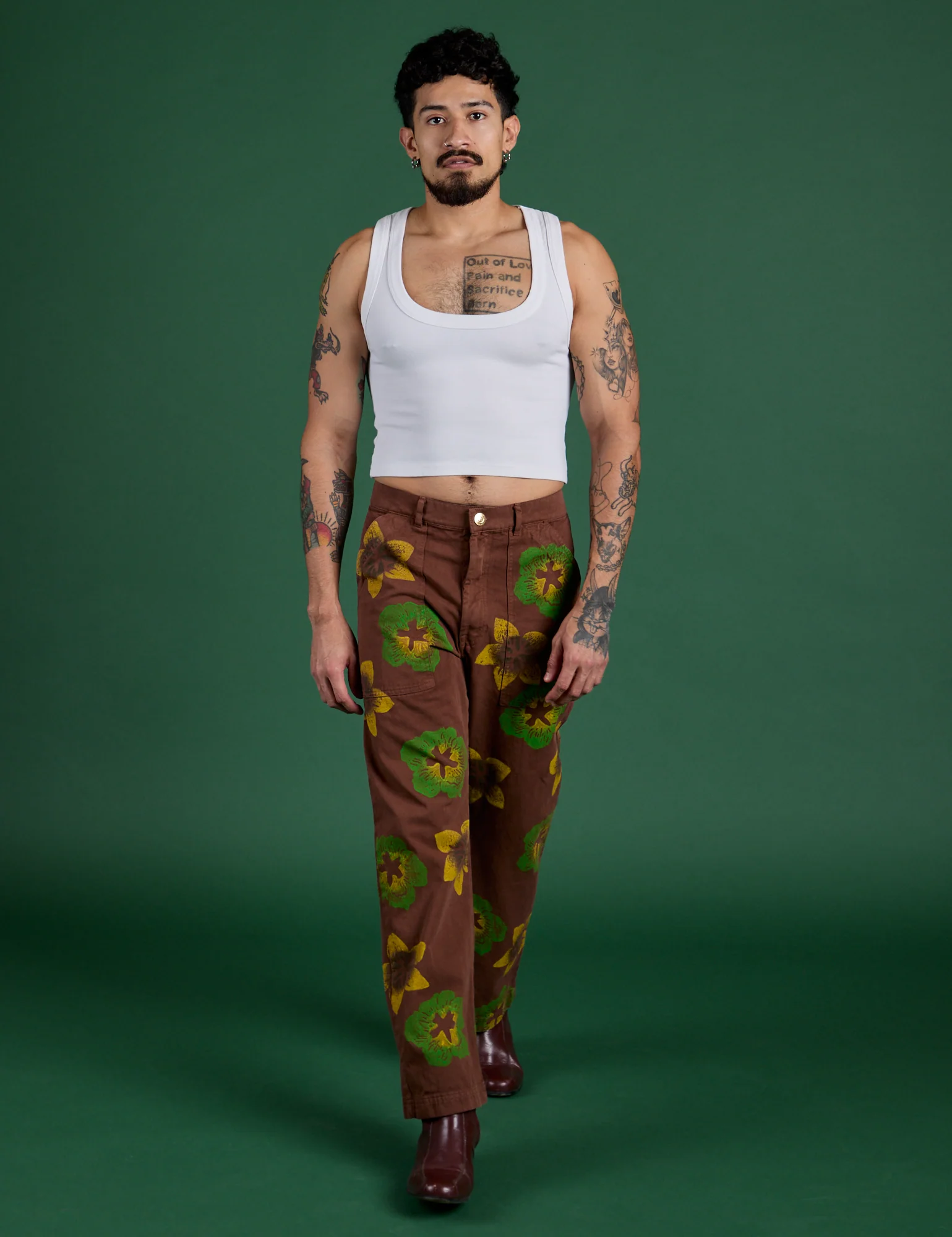 Floral Painted Work Pants -  Brown - Image 3