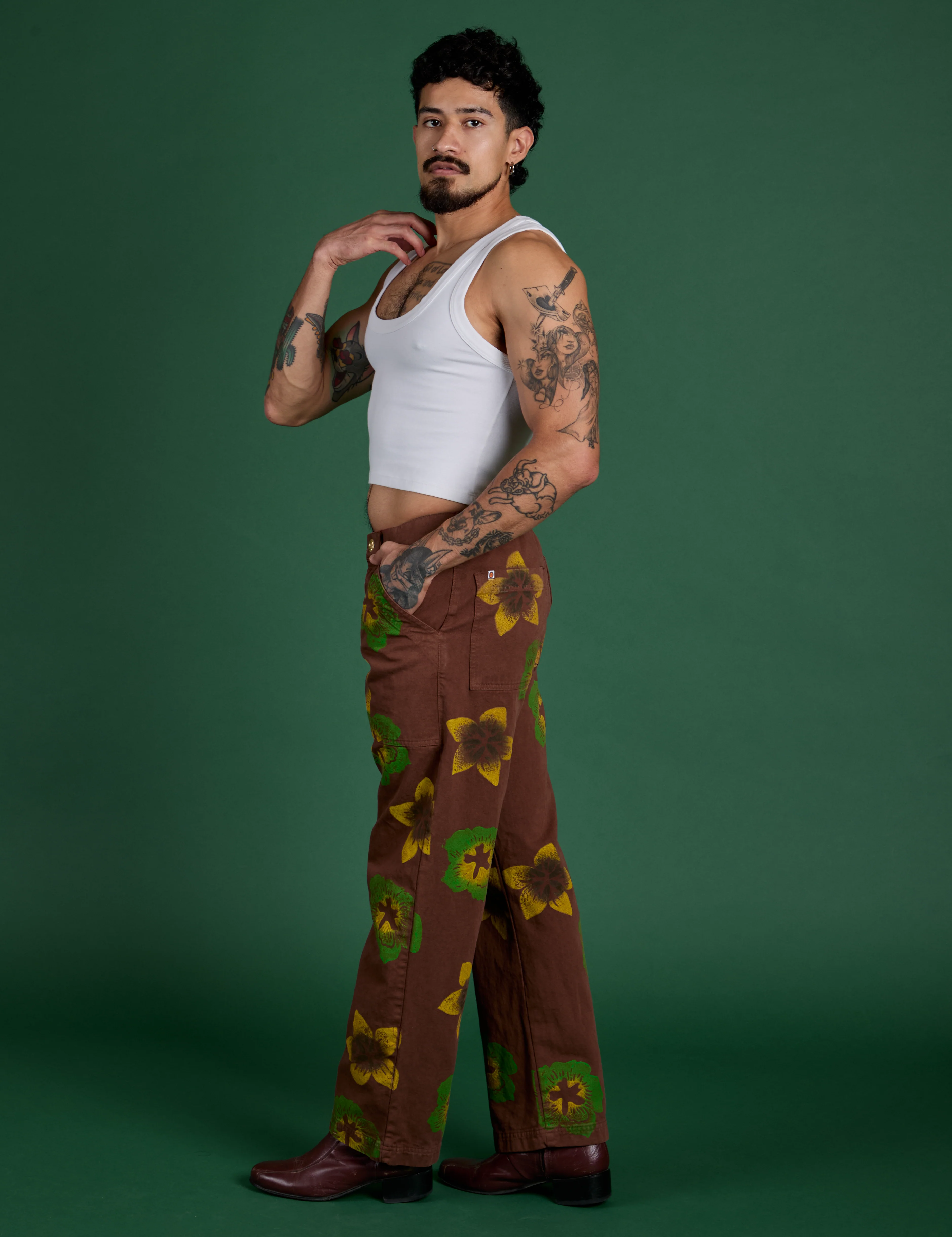 Floral Painted Work Pants -  Brown - Image 4