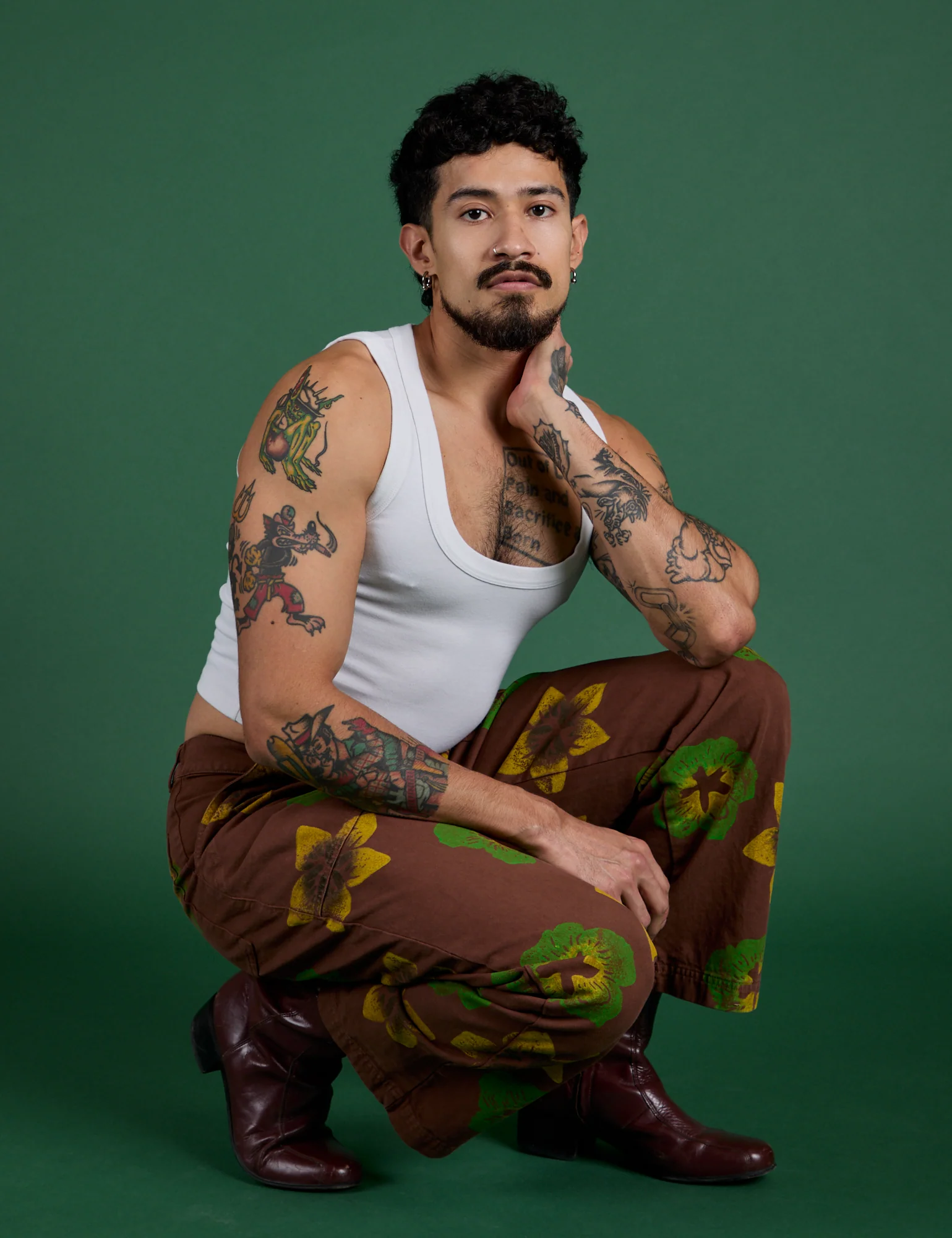 Floral Painted Work Pants -  Brown - Image 8