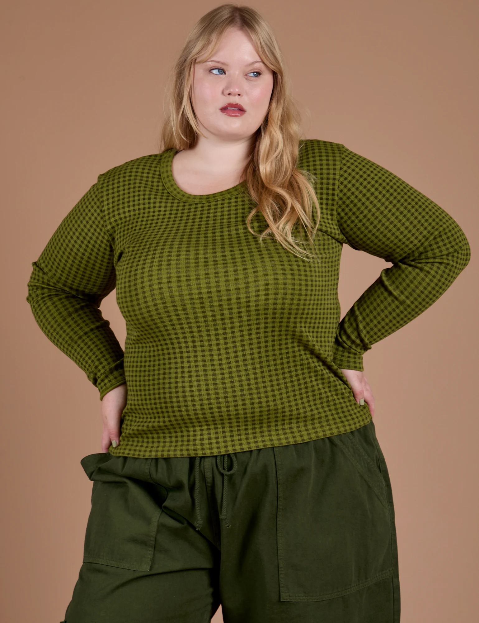 Gingham Long Sleeve Baby Tee - Summer Olive