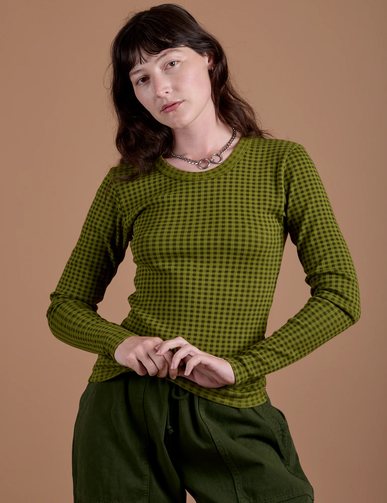 Gingham Long Sleeve Baby Tee - Summer Olive - Image 10