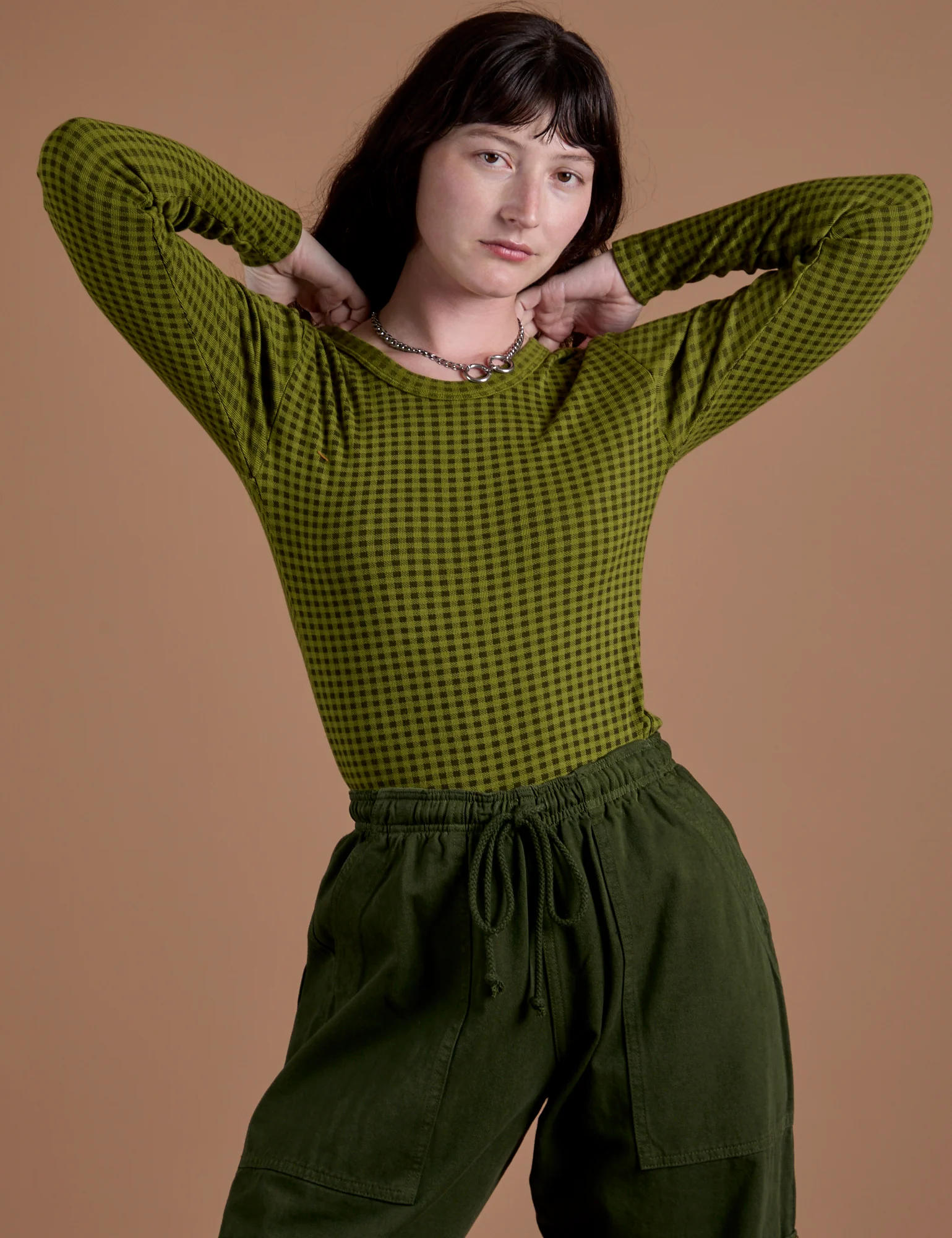 Gingham Long Sleeve Baby Tee - Summer Olive - Image 13