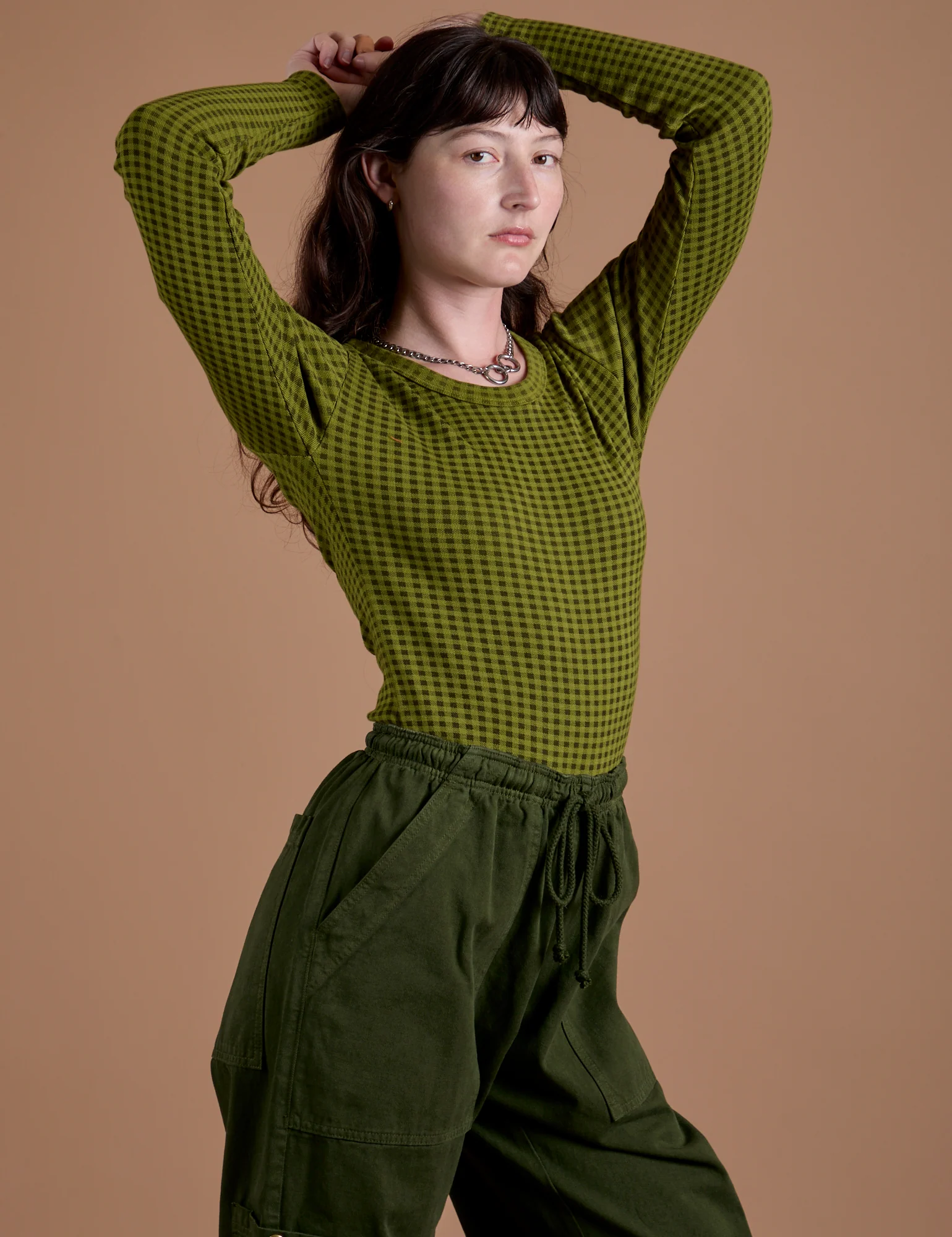 Gingham Long Sleeve Baby Tee - Summer Olive - Image 16