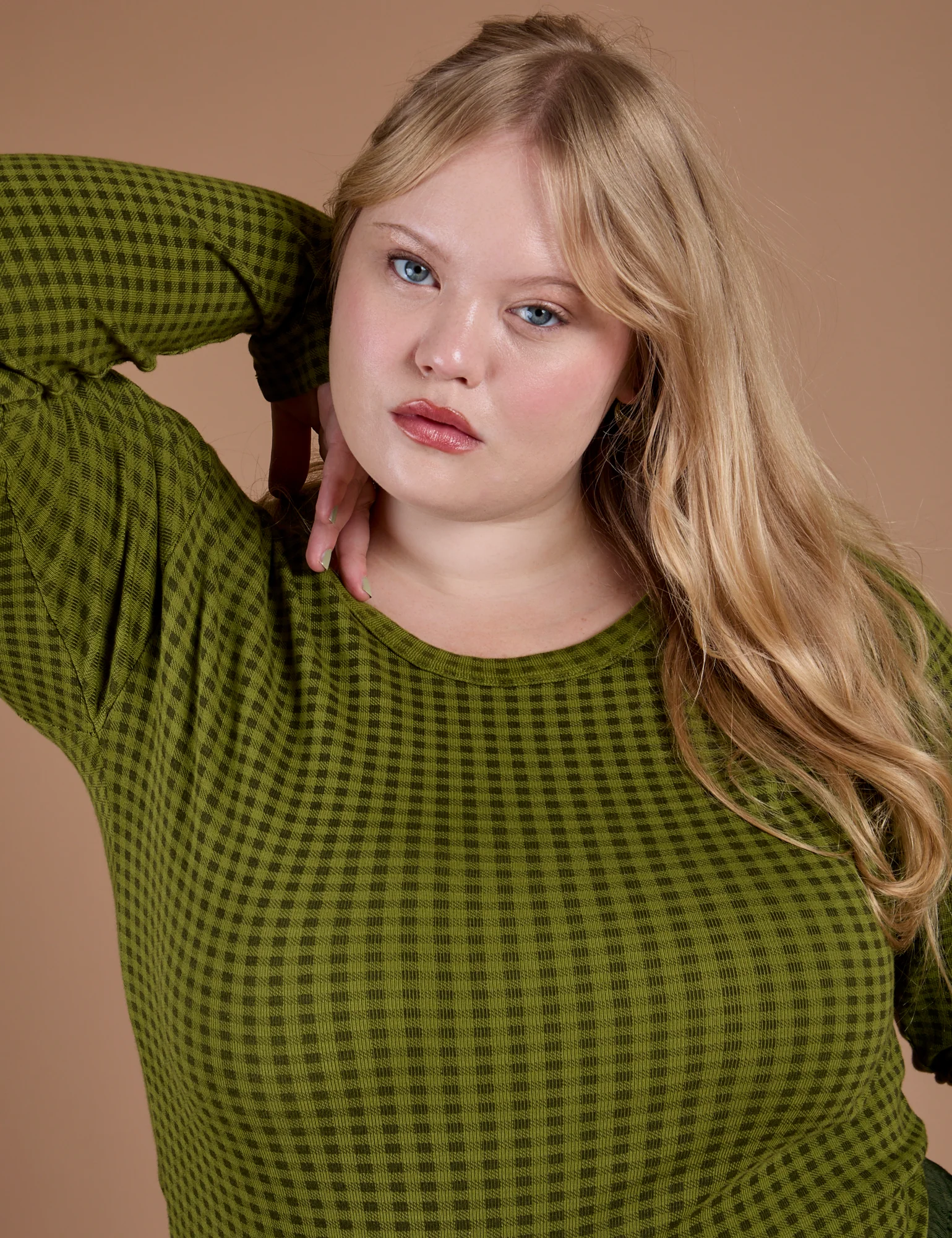 Gingham Long Sleeve Baby Tee - Summer Olive - Image 3