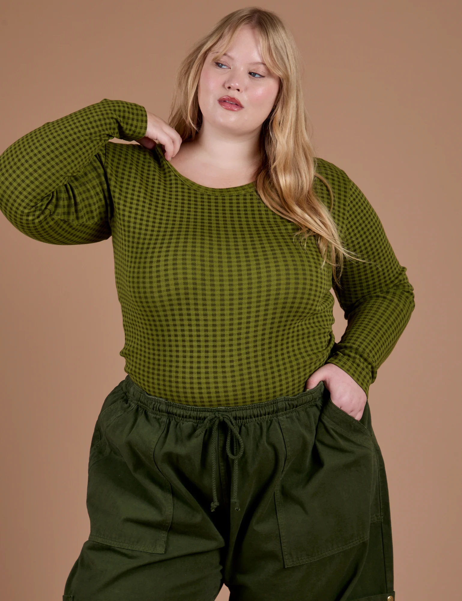 Gingham Long Sleeve Baby Tee - Summer Olive - Image 5