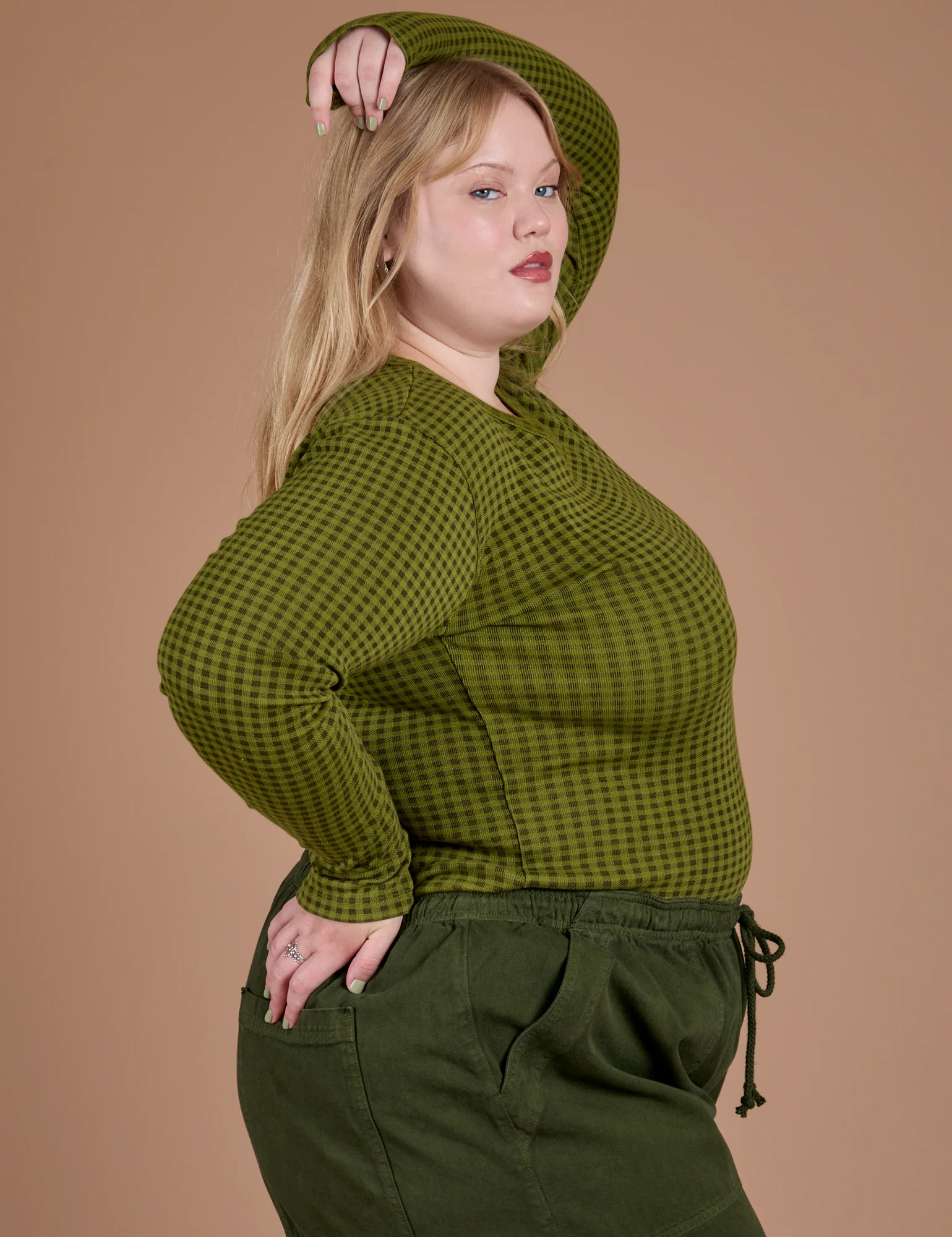 Gingham Long Sleeve Baby Tee - Summer Olive - Image 7