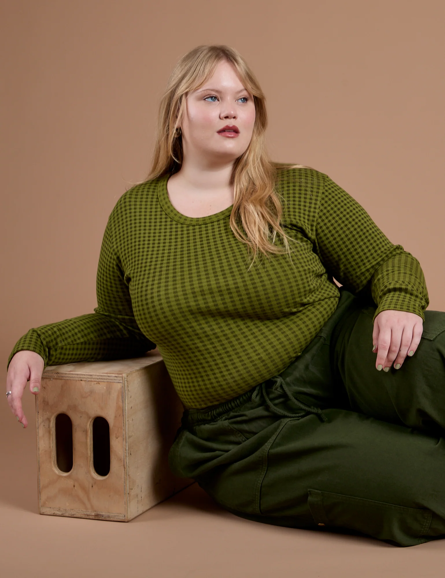 Gingham Long Sleeve Baby Tee - Summer Olive - Image 9