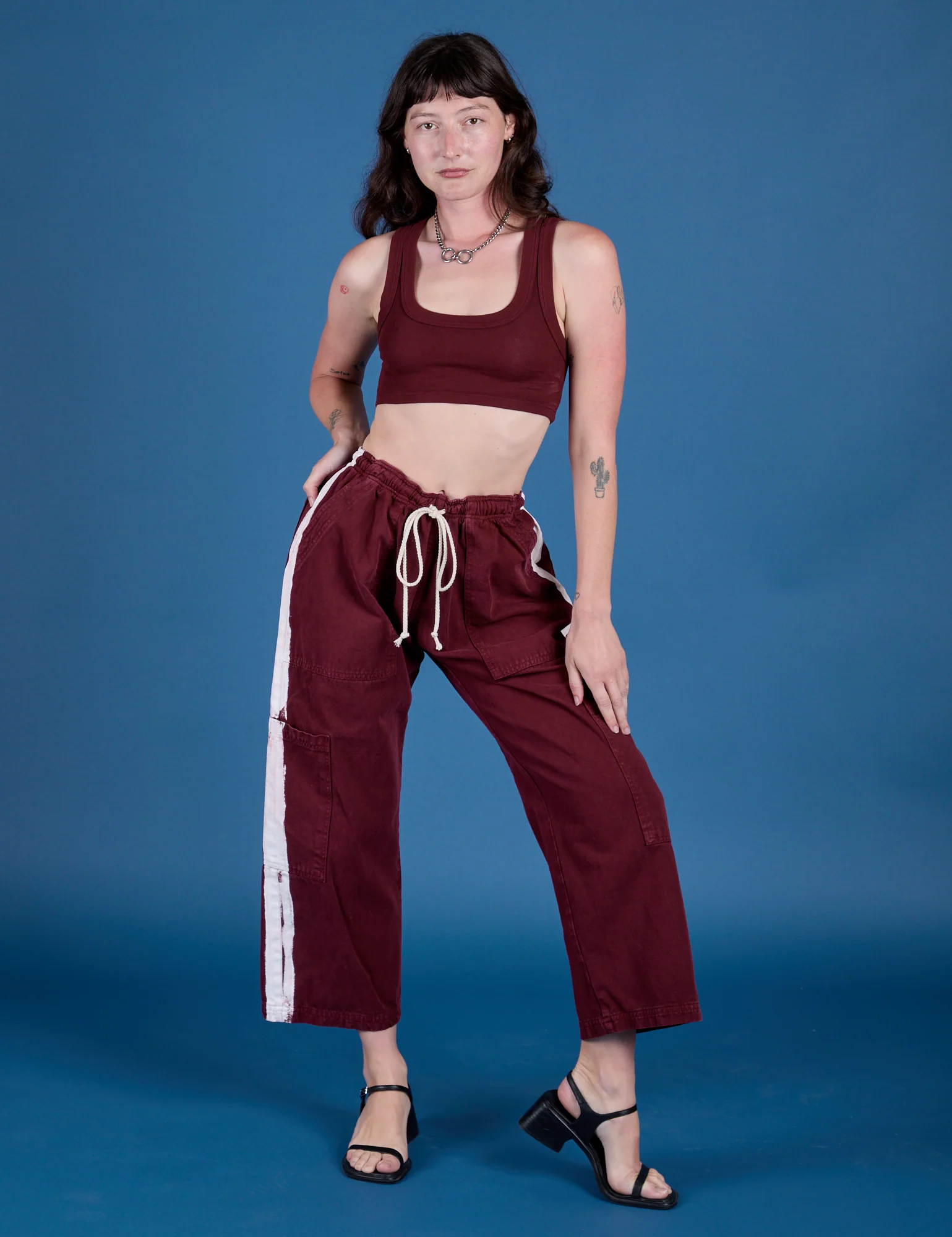 Painted Drop Pocket Cargo Pants - Red Wine - Image 3