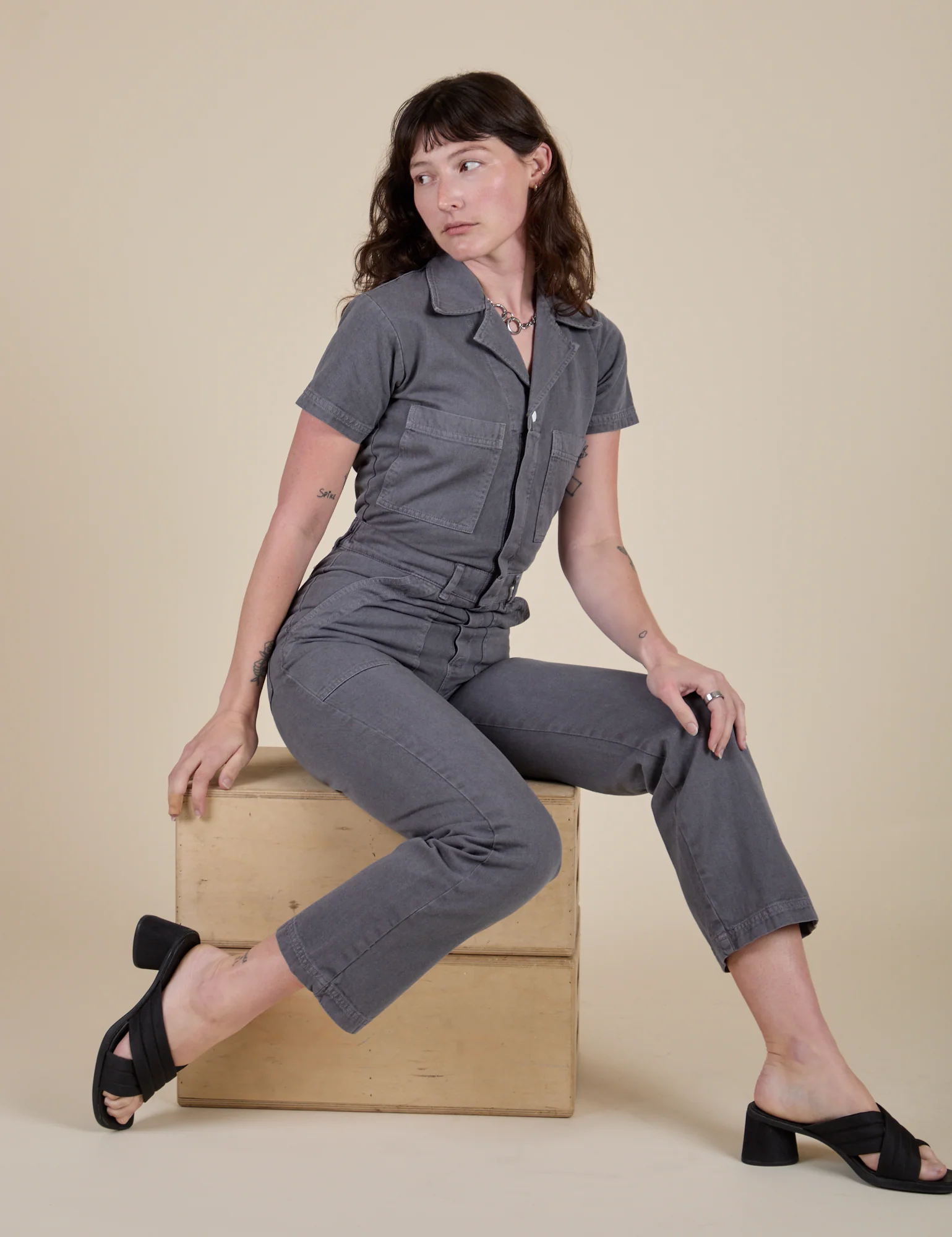Short Sleeve Jumpsuit - Washed Grey - Image 27